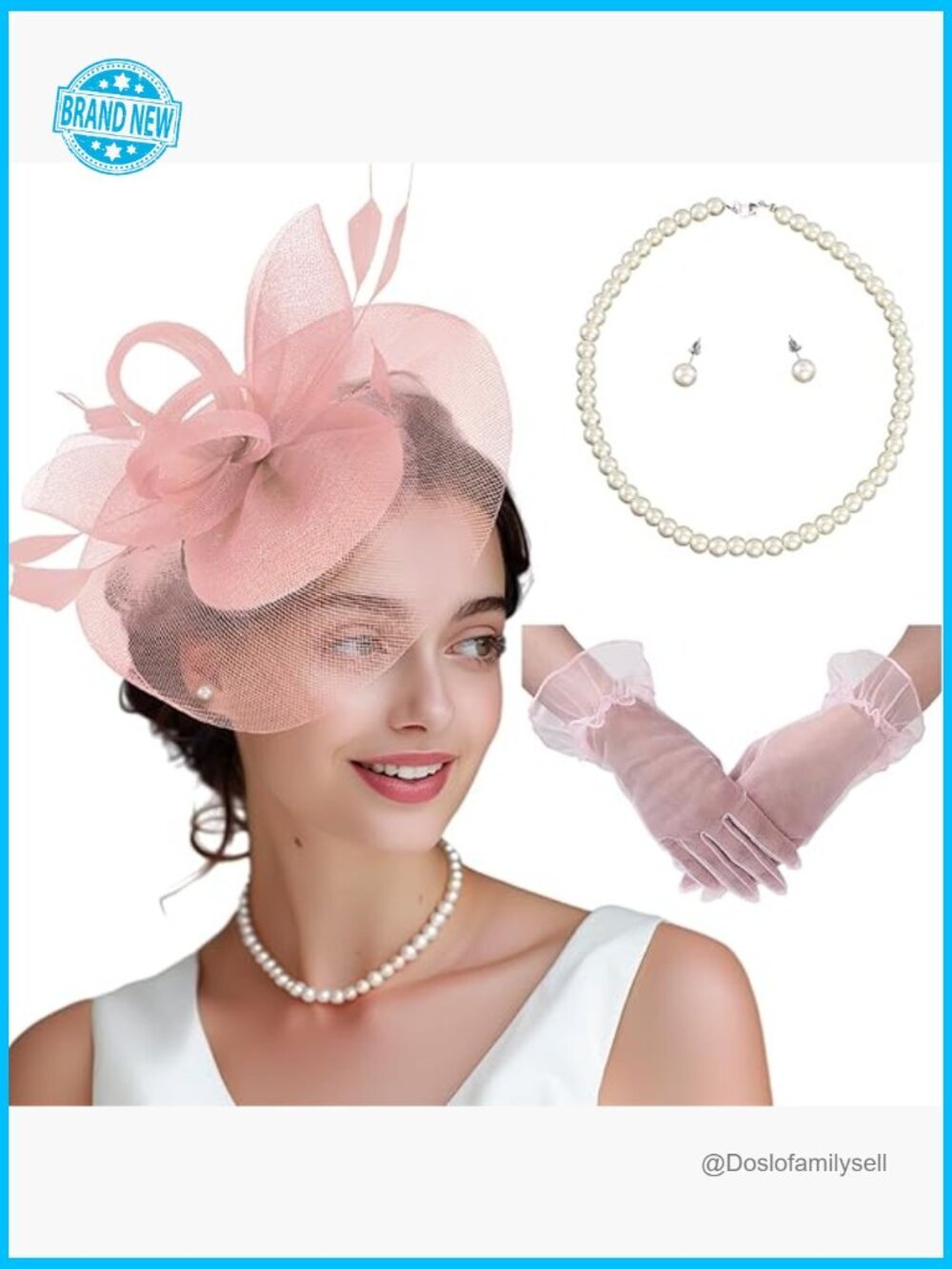Fascinator Hat Set with Gloves and Pearl Jewelry for Wedding Tea Party Derby